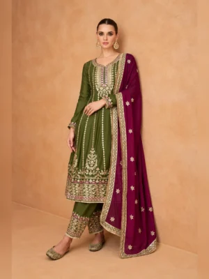 Women’s heavy embroidered chinon suit olive magenta