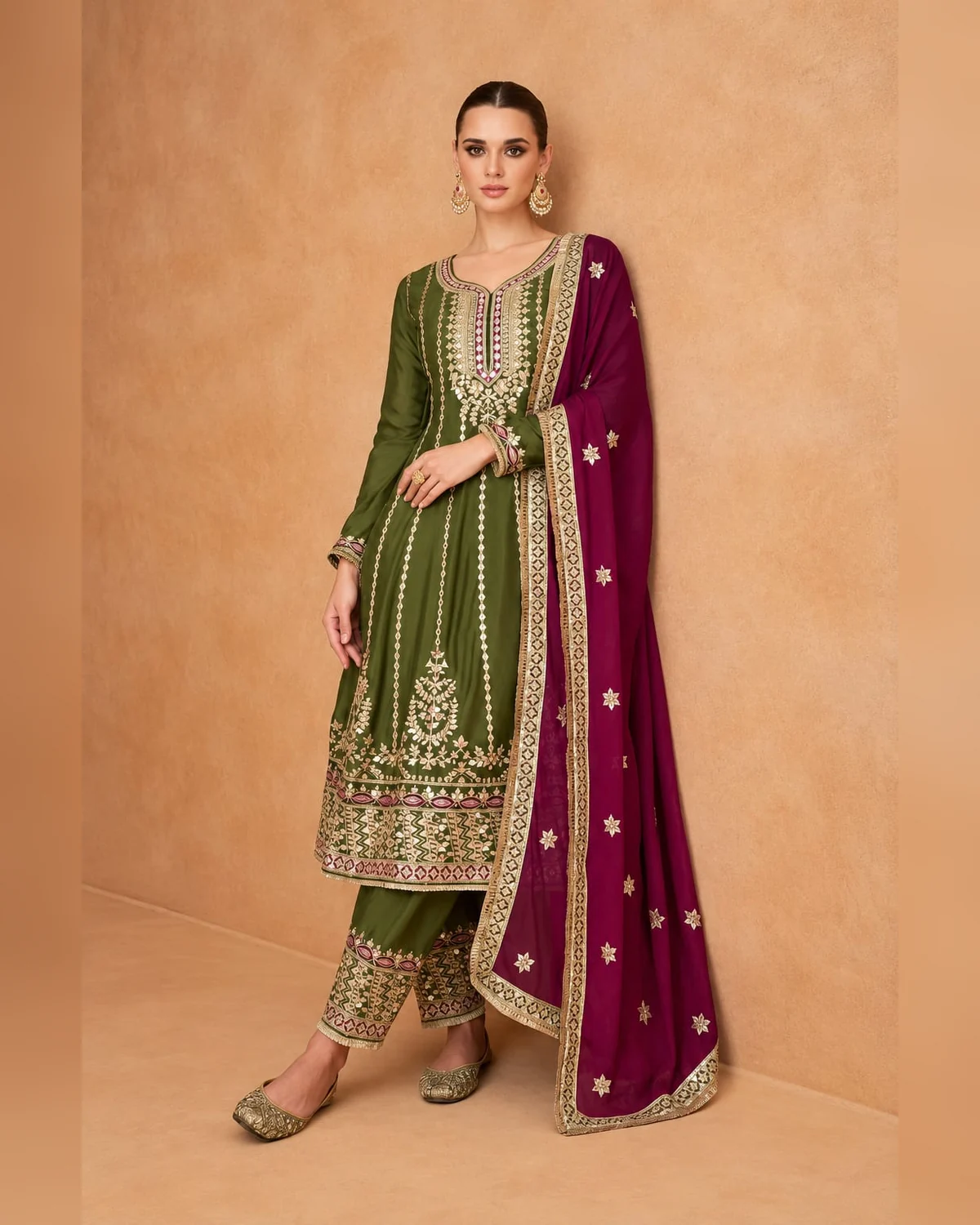 Women’s heavy embroidered chinon suit olive magenta
