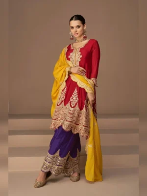 Women’s heavy embroidered chinon suit red yellow
