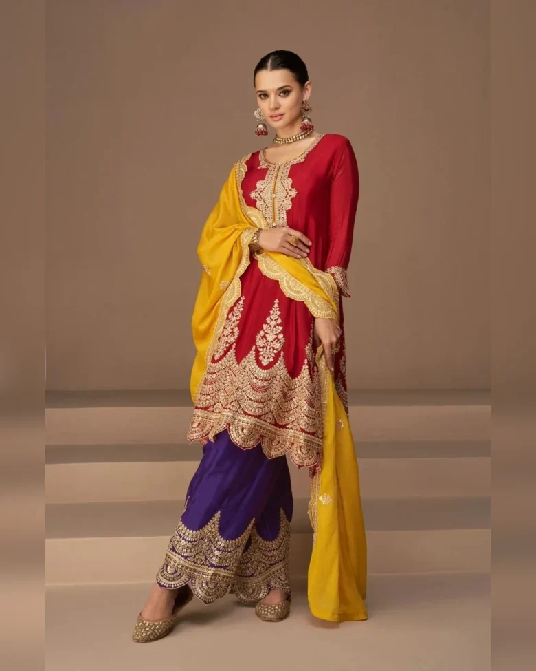 Women’s heavy embroidered chinon suit red yellow