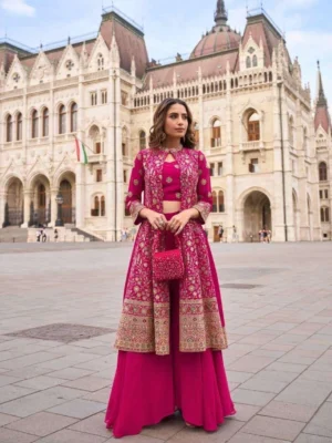 Women’s pink Indo Western Georgette sharara set with jacket