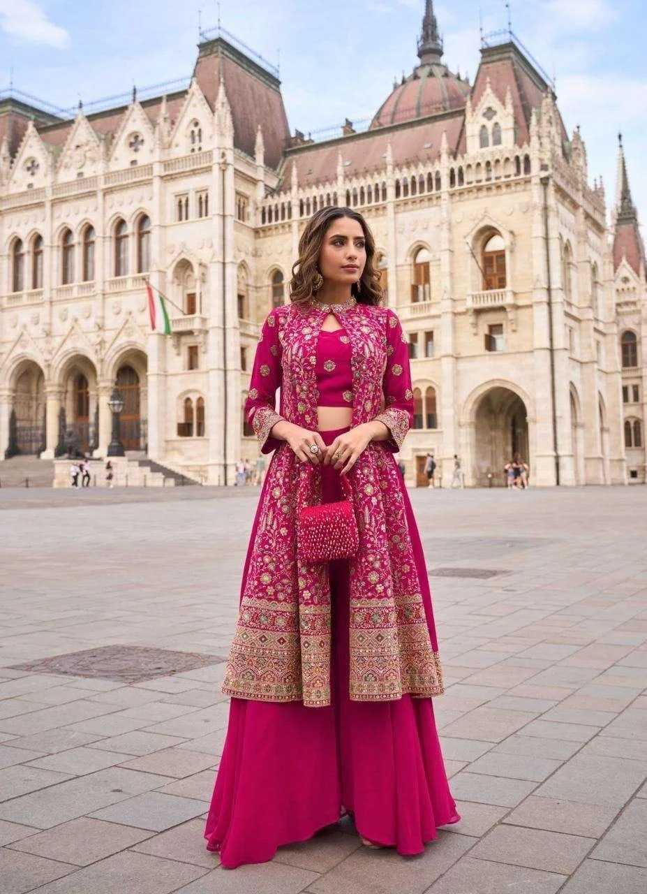 Women’s pink Indo Western Georgette sharara set with jacket