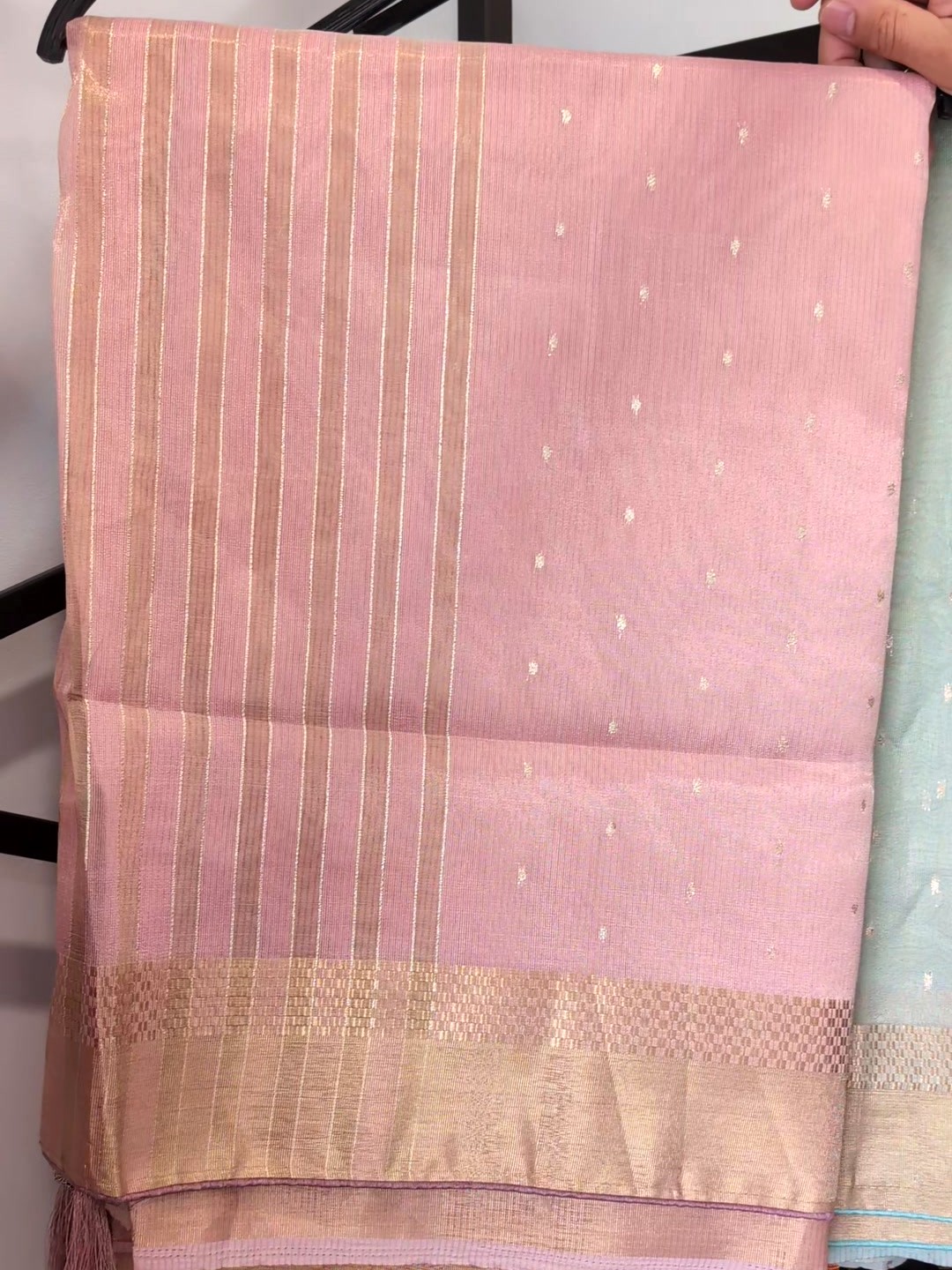 Blush pink woven saree with fine gold stripes and zari border