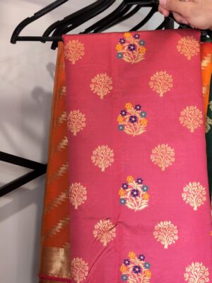 Rani pink woven saree with gold and multicolour floral buttis